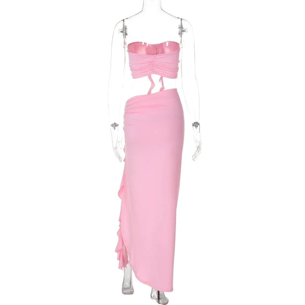 Women's Elegant Two Pieces Dresses Suits Flower Corset Top and High Slit Long Skirts Matching Sets Red Pink Vacation Outfit & 2026