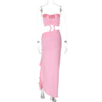 Women's Elegant Two Pieces Dresses Suits Flower Corset Top and High Slit Long Skirts Matching Sets Red Pink Vacation Outfit & 2026