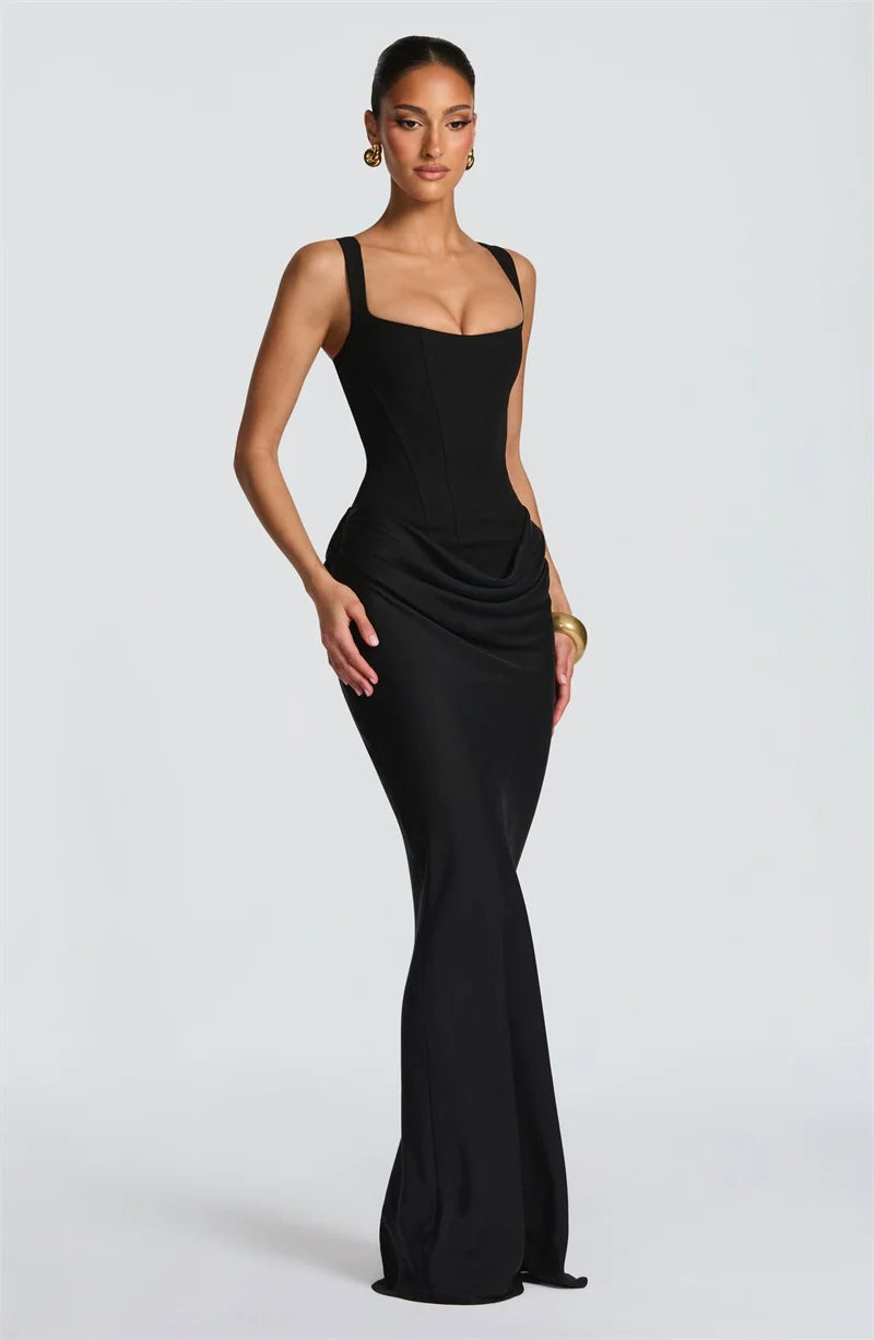 Mozision Elegant Backless Sexy Maxi Dress Women Gown Fashion Square Collar Sleeveless Skinny Ruched Club Party Long Dresses