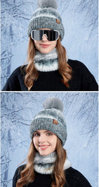 Winter Lady Warm Hat Scarf Two-piece Set Fleece Thickened Gradual Change Color Knitted Skiing Hat Fashion Pullover Hat for Women