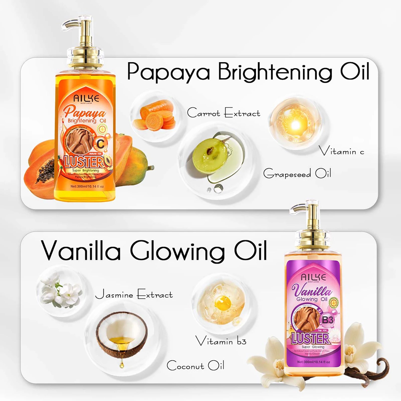AILKE Whitening Body Oil, Moisturizing, Nourishing, Smooth Skin, Reduce Dark Spots, Suitable For All Skin Types, 300ml