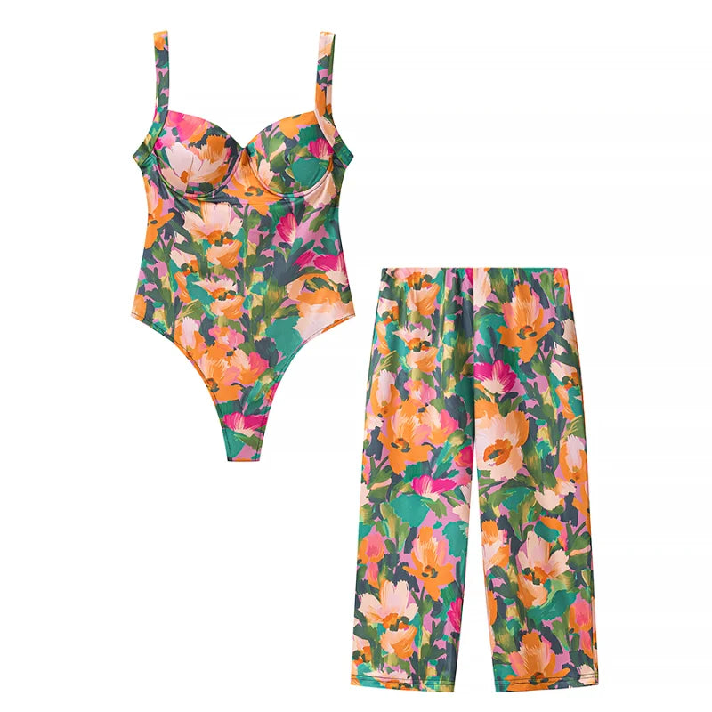 Floral Print Sexy Bodysuit Pant Set Hot Girl Sweetheart Backless Spaghetti Straps Top Elastic Waist Capri Pants Lady Outfit