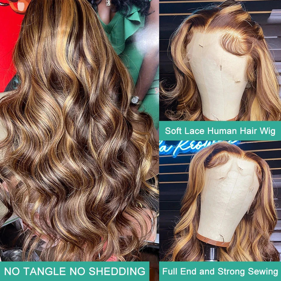 Highlight 13x6 Hd Lace Frontal Wig Human Hair Body Wave  Honey Blonde Brown Human Hair Wig P4/27 Colored Wig