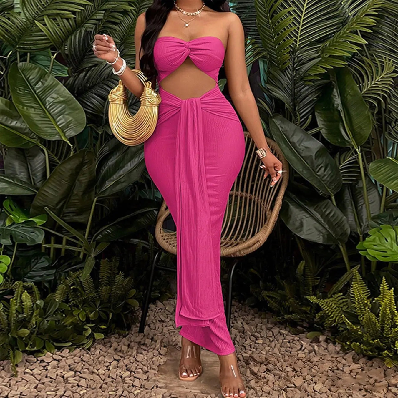 Sexy Backless Cutout Maxi Dress Solid Color High Slit Summer Sleeveless Elegant Y2K Style Women Party Dress