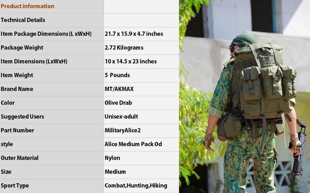MT Military Alice Medium Pack Army Survival Combat ALICE Rucksack Backpack with External Metal Frame Olive Drab/Black/OCP