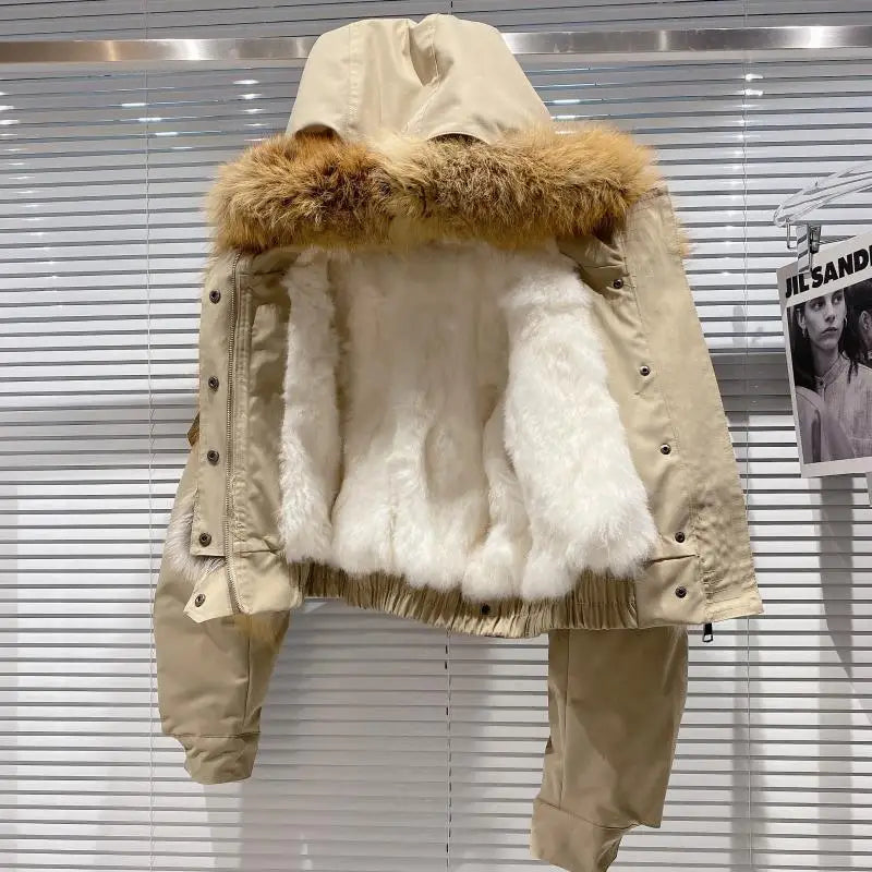 Big Fox Fur Collar Removable Rabbit Liner Short Coat Jacket for Women Winter Elastic Hem Hooded Jackets Wram Fashion Outwear
