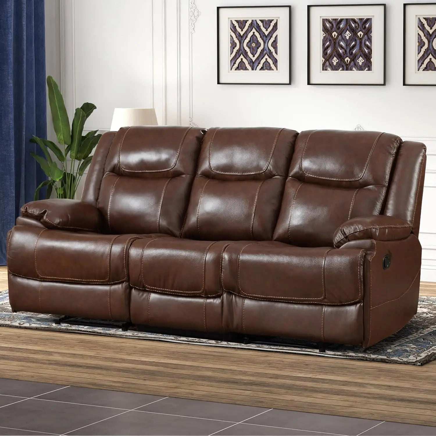 EBELLO Genuine Leather Manual 3 Seat Soft and Comfortable Reclining Sofa for Living Room, Bedroom Furniture Main image