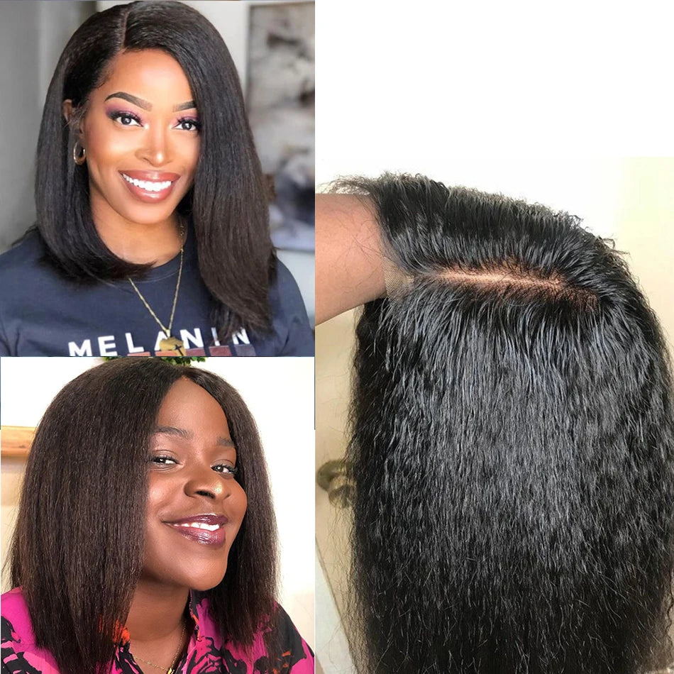 Kinky Straight Bob Wig Glueless 100% Human Raw Hair Tissage Wig HD Transparent Lace Closure Yaki Short Wig Perruques Vietnamese