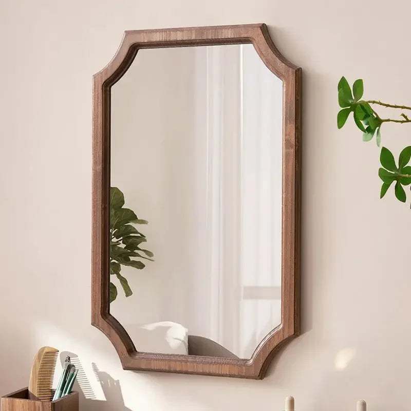 Retro Solid Wood Dressing Mirror Makeup Mirror Wall-mounted Bathroom Toilet Wall-mounted Punch-free Rectangular Bathroom Mirror