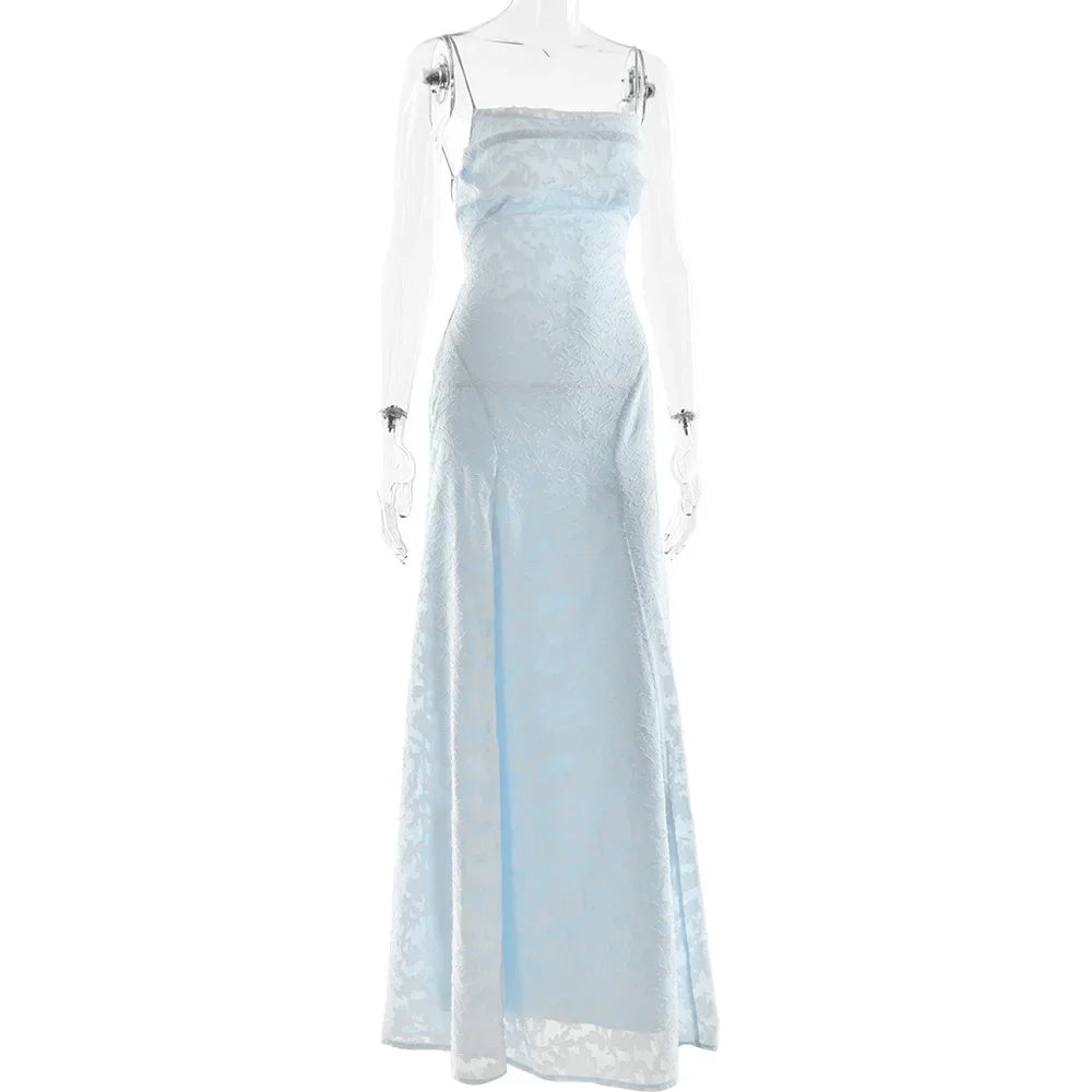 Chaxiaoa Spaghetti Strap Backless Sexy Maxi Dress Women Gown Fashion Off-shoulder Sleeveless Lace-up Evening Club Party Dress