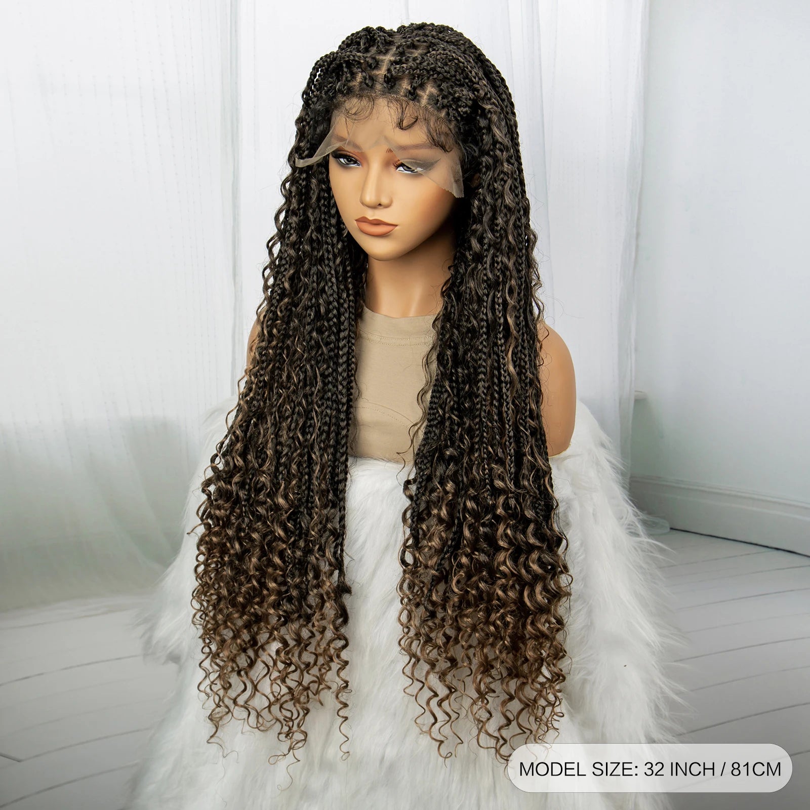 32inch Synthetic Boho Knotless Braided Wigs for Black Women Bohemian Box Braids Wigs Lace Front Braided Lace Wigs with Baby Hair