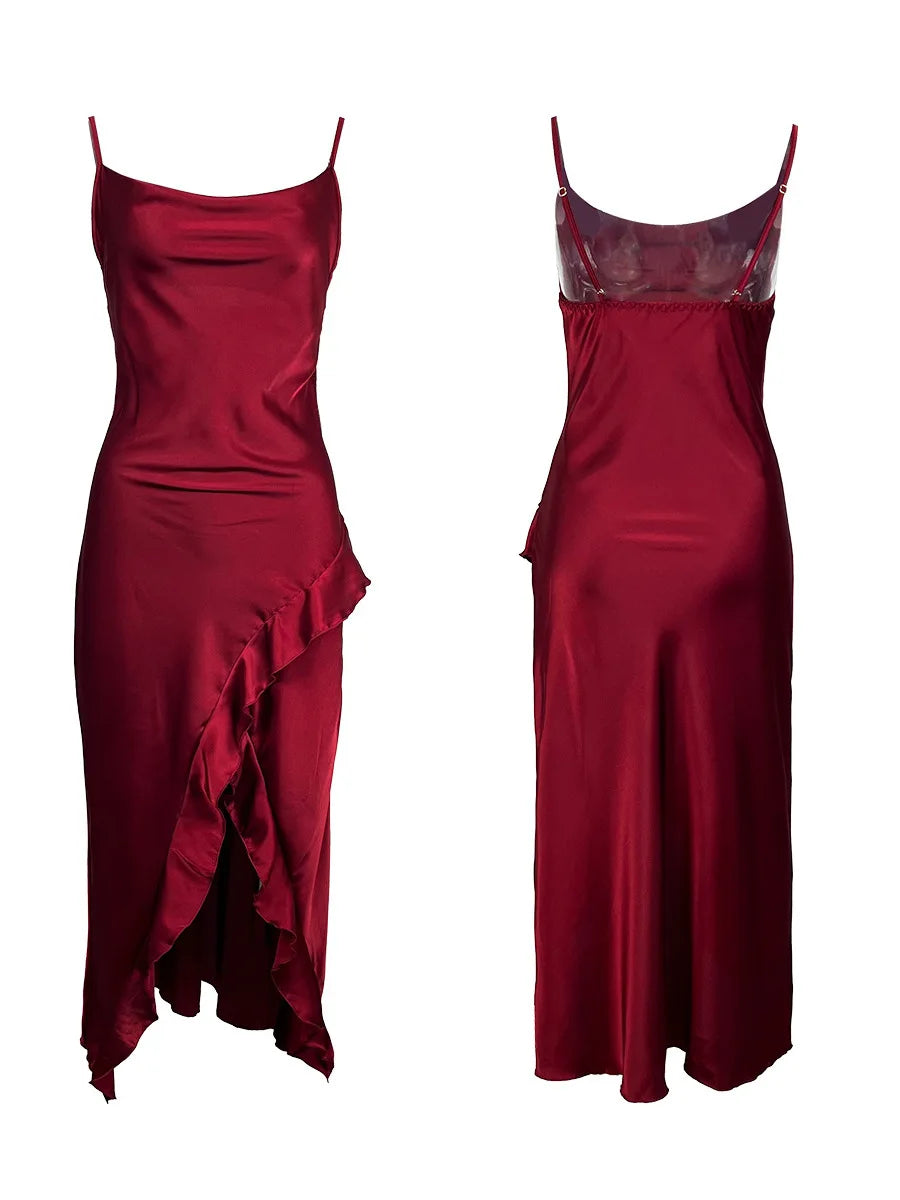Red New Sling Sexy And Charming Ruffle Edge Bottom Split Smooth Surface Sleeveless Appear Thin Temperament Girl Long Dress 👗