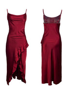 Red New Sling Sexy And Charming Ruffle Edge Bottom Split Smooth Surface Sleeveless Appear Thin Temperament Girl Long Dress 👗