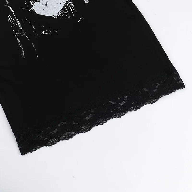 Goth Dark Streetwear Anime Skull Print Straps Mini Dress Fairy Lace Stitch Club Outfits Slim Sexy Bodycon Dresses Mall Gothic