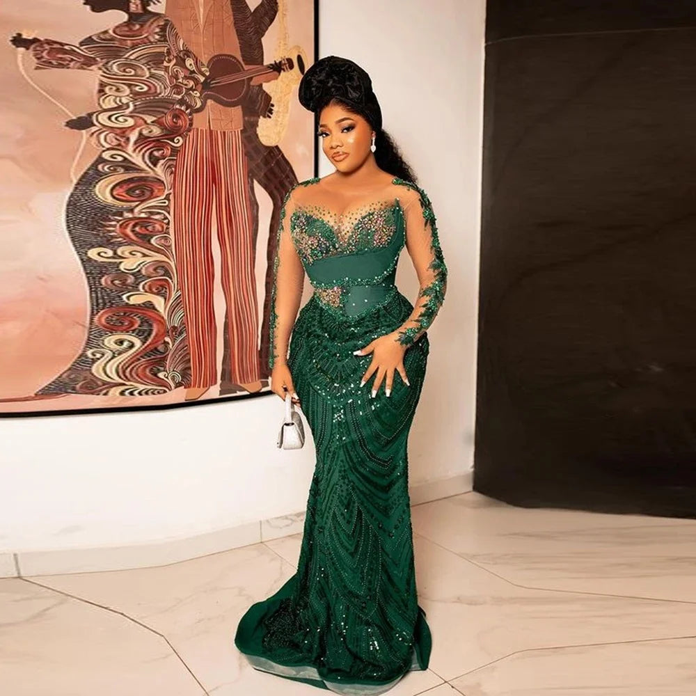 Sheer Neck Long Sleeves Mermaid Evening Gowns African Women So Ebi Party Dress Formal Wear Dark Green Sparkly Lace Prom Dresses Main image