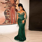 Sheer Neck Long Sleeves Mermaid Evening Gowns African Women So Ebi Party Dress Formal Wear Dark Green Sparkly Lace Prom Dresses