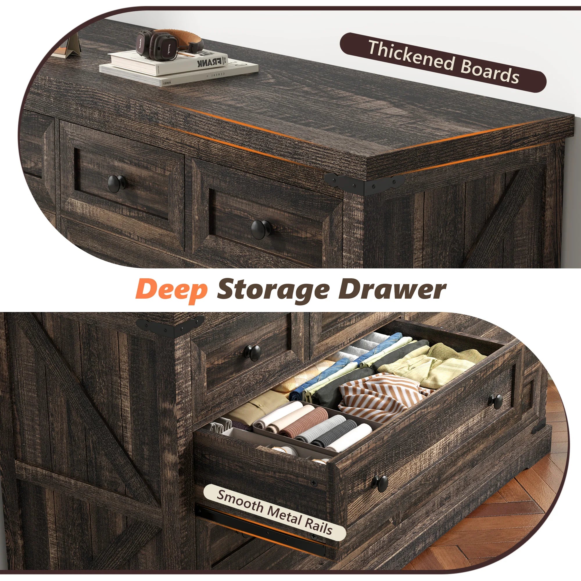 EnHomee 10 Drawer Large Antique Farmhouse wood Dresser and TV Stand with Smooth Metal Rail for Bedroom Storage