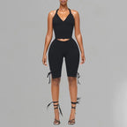 Women Solid Sexy 2 Piece Set Summer Tracksuits Lace Up Halter Backless Tank Crop Tops + Skinny Knee Length Pants Fitness Suits