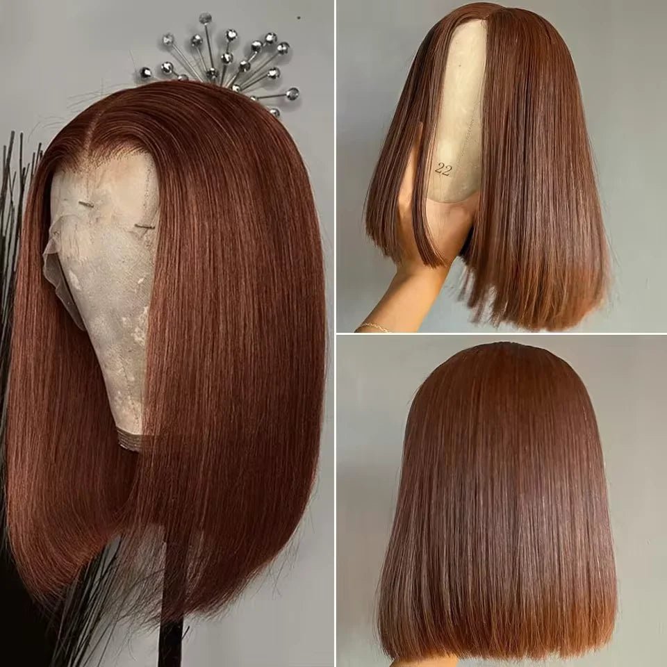 16Inch Chocolate Brown Straight Bob Wig 13X4 Lace Frontal Wig Natural Hairline Lace Front  Short Wig Human Hair 100% Pre Plucked