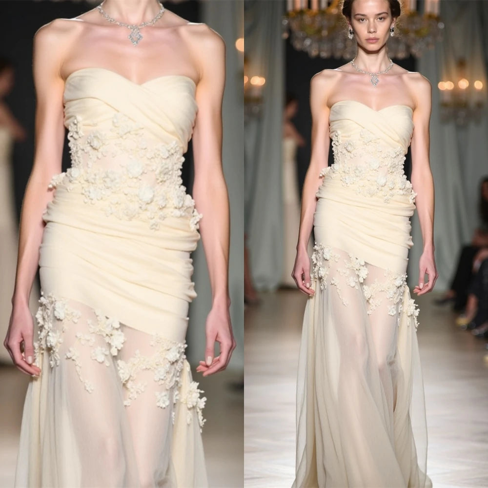 Customized See Through Chiffon Strapless Evening Dress High Quality Flowers Prom Dresses Delicate Special Occasion Gowns