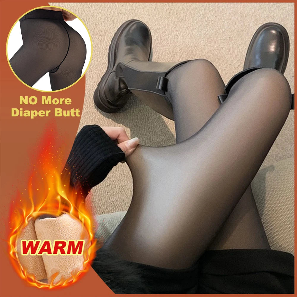 New Women Fleece Lined Black Tights Sheer Fake Translucent Warm Winter Pantyhose Leggings Outfit Thick Tights Invisible Crotch Main image