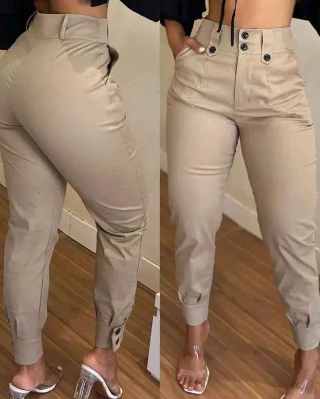 Women Capris Spliced Cargo Pants Pockets Solid High Waist Zipper Fly Skinny Casual 2024 Button Pencil Pants Ankle Length Main image