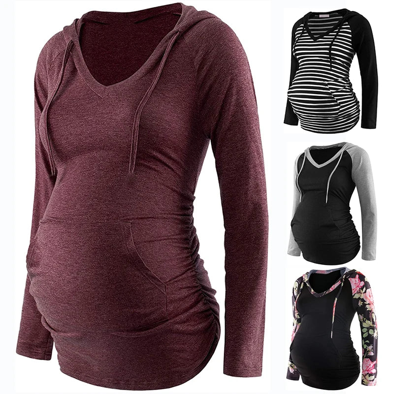 Women Maternity Hoodies Striped Print Long Sleeve V-neck Hoodie Sweatshirts Top Mom Pregnant Nursing Autumn And Winter Clothes Main image