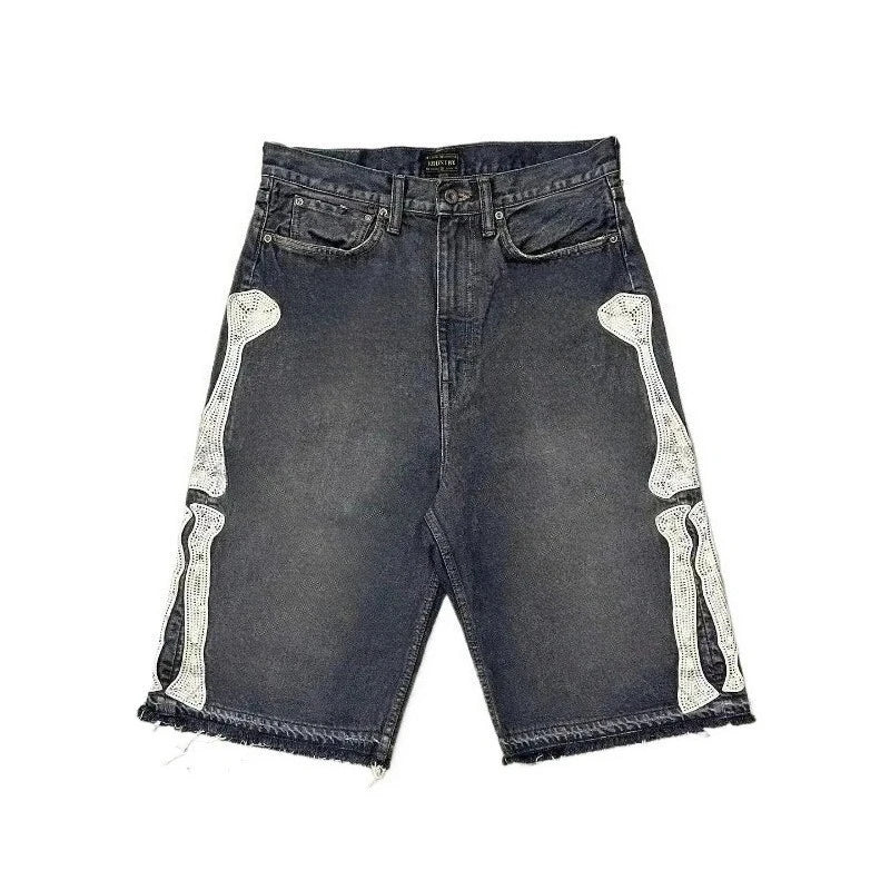 Deeptown Y2k Vintage Harajuku Denim Shorts Women Washed Letter Embroidery Tassels American Retro Jeans Man Baggy Hip Hop Jorts