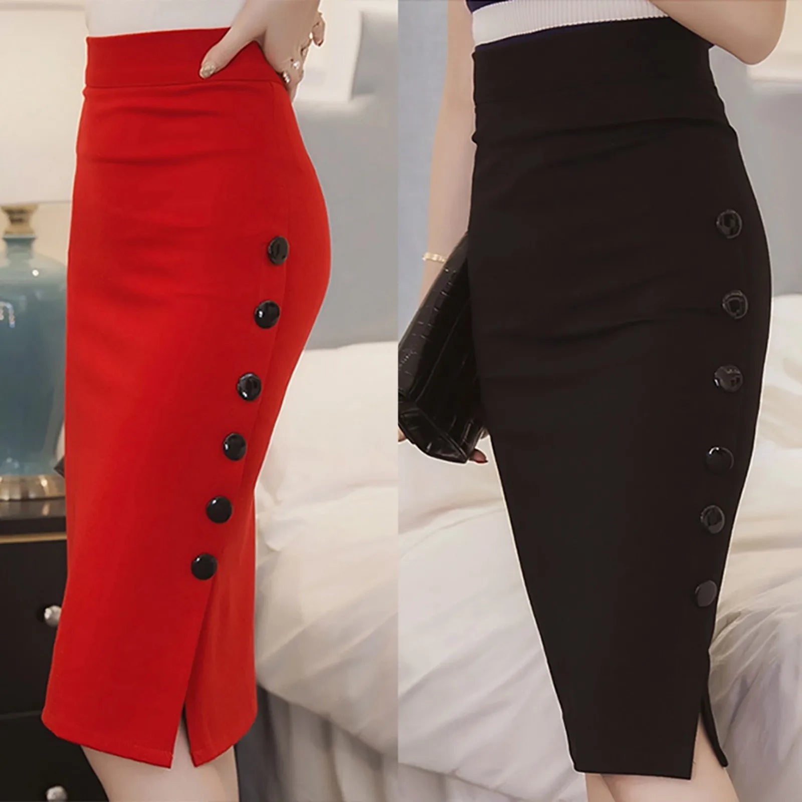Elegant Women Vintage Office Lady Slim Skirts High Waist Buttons Slit Pencil Skirts Women Summer Sexy S-3XL Stretch Midi Skirts Main image