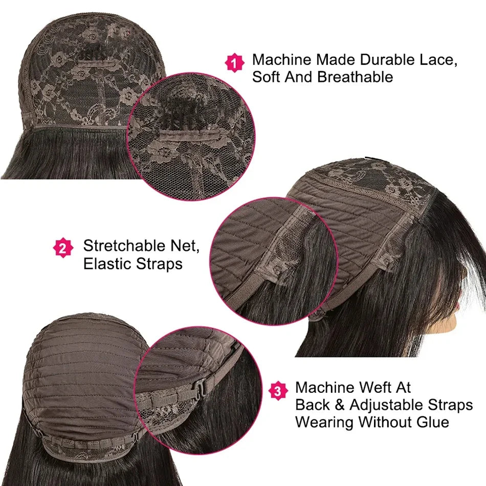 Bone Straight Cheap Wigs 180 Density Full Machine Made Human Hair Wig With Bangs On Clearance Sale Wigs For Women Wholesale BPHW