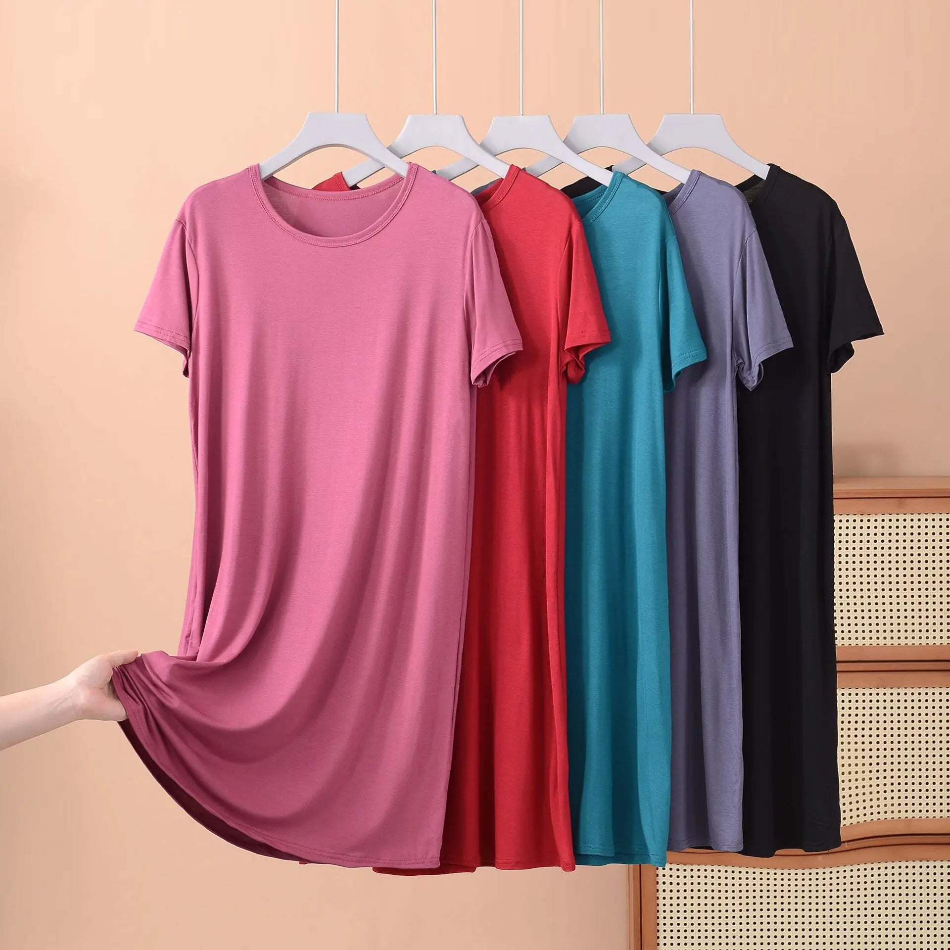 Plus size XL to 8XL Modal dress short sleeves summer women's cool dresses Solid color Bottomed sleepdress mid-length homewear Main image