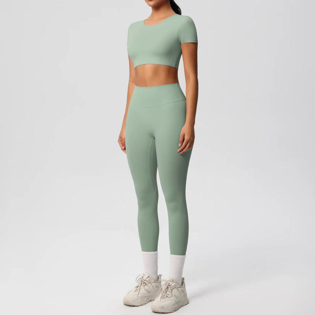 2PCS Woman Gym Sports Yoga Set Knitted Slim Workout Top Short Sleeve Quick Drying Legging Fitness Pants Running Sports Yoga Suit
