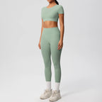 2PCS Woman Gym Sports Yoga Set Knitted Slim Workout Top Short Sleeve Quick Drying Legging Fitness Pants Running Sports Yoga Suit