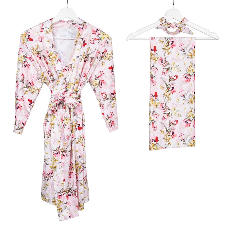Maternity Robe,Matching Swaddle Set ,Mommy and Me Set, Floral Hospital Robe Bag,Baby Shower Gift,Mama Robe,Baby Girl Blanket