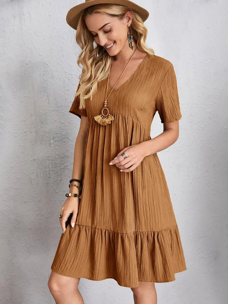 Elegant Solid V Neck A Line Dress 2024 New Summer Ruffles Loose Mini Dress Casual Short Sleeve Beach Party Vestidos Streetwear
