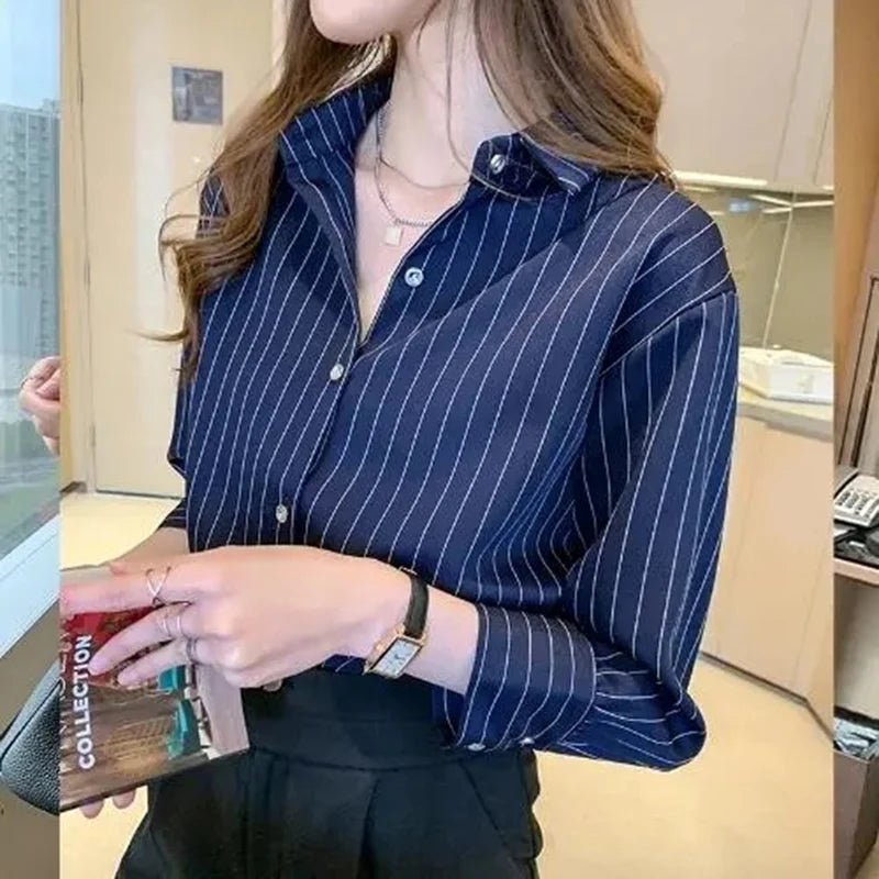 Striped Shirt Women Summer Vintage Chic Loose Long Sleeve Top Y2K Office Ladies Fashion Casual Turn Down Collar All Match Blouse Main image