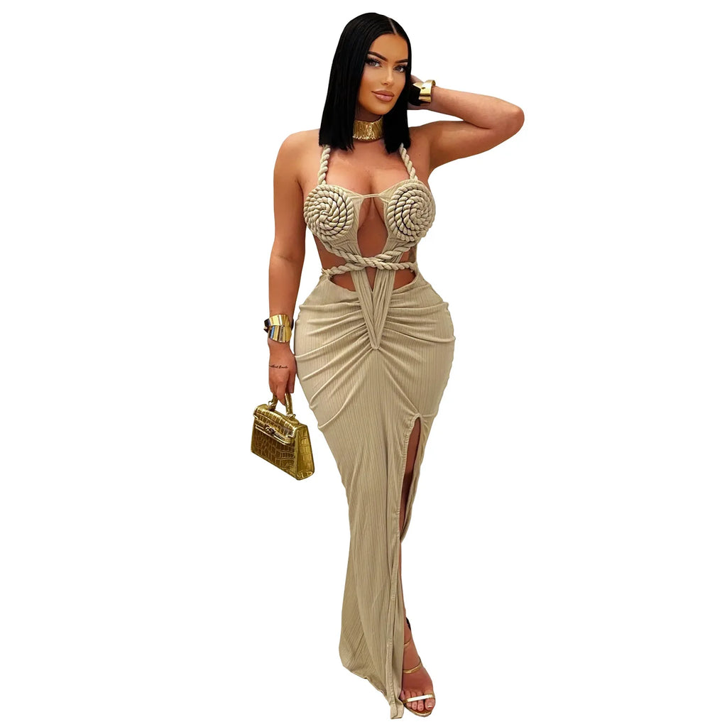 Women's Hollow Out Sleeveless Sexy Knitted Halter Neck Backless Solid Color Dress for Summer 2025