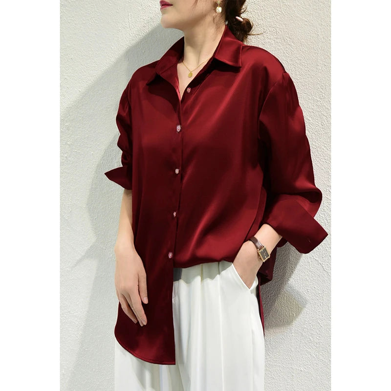 All-match Satin Finish Shirts And Blouses Women Clothing Casual Top OL Long Sleeve Button Elegant Shirts French Solid Blouses Secondary image