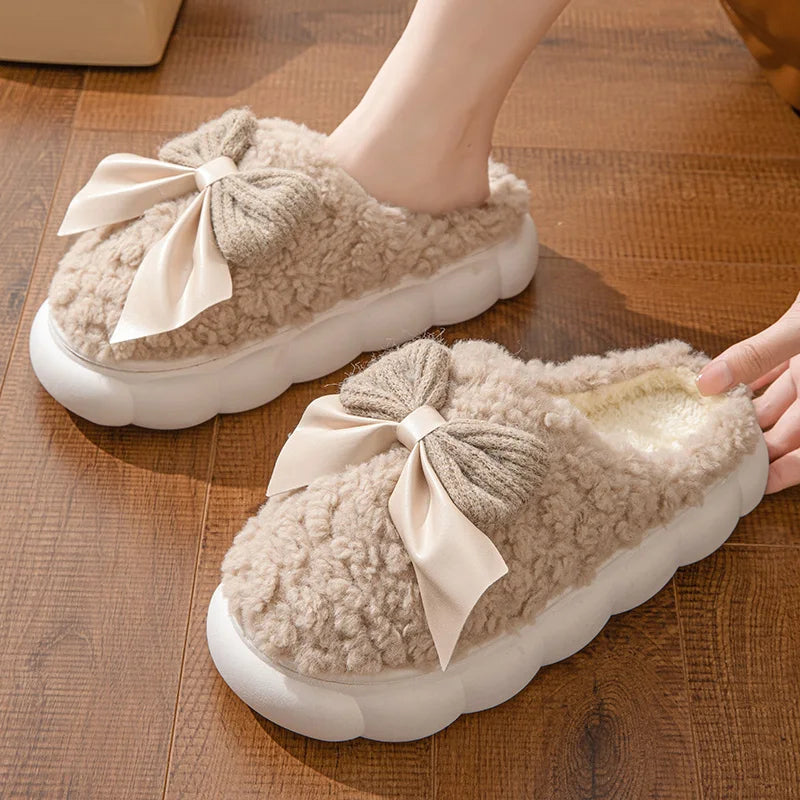 Cotton slippers for Women Autumn and Winter Thick Sole Indoor Home Warm Couples Shoes Bow Non-Slip Flat Platform Women's Slipper