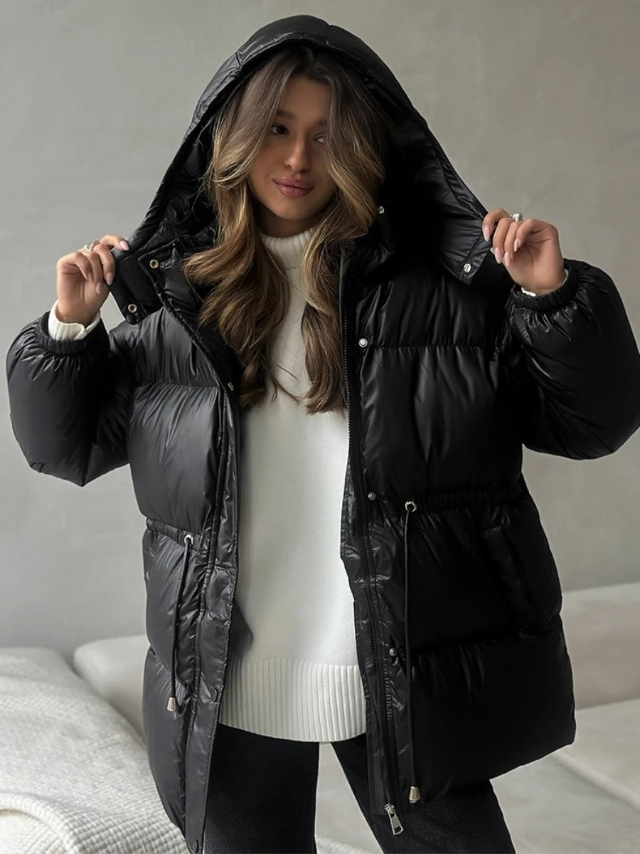 Bornladies Drawstring Slim Fit Cotton Jacket Women's  Winter New Hooded Zipper Cotton Robe Comfortable Warm Bread Jacket
