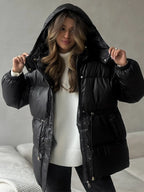 Bornladies Drawstring Slim Fit Cotton Jacket Women's  Winter New Hooded Zipper Cotton Robe Comfortable Warm Bread Jacket