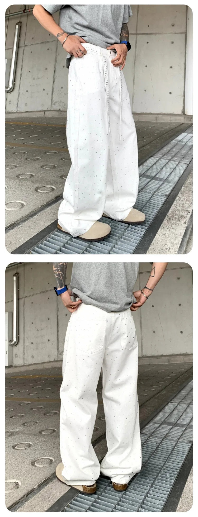 Pants Denim Men Jeans Wide Leg Long Pant Vintage Loose Hot Drilling High Waist Straight Trousers Y2k Streetwear Lace Up Spring