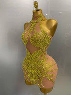 STOCK Sparkly Rhinestones Sexy Mesh See Through Dress Party Evening Prom Celebrate Birthday Dress Singer Dancer Show Stage Wear