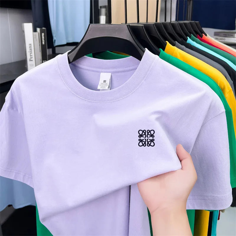 Summer Luxury 100%cotton Man Short-Sleeved T-Shirt Round Neck Delicate Embroidery Absorb Sweat Ventilate Leisure Men's Clothing