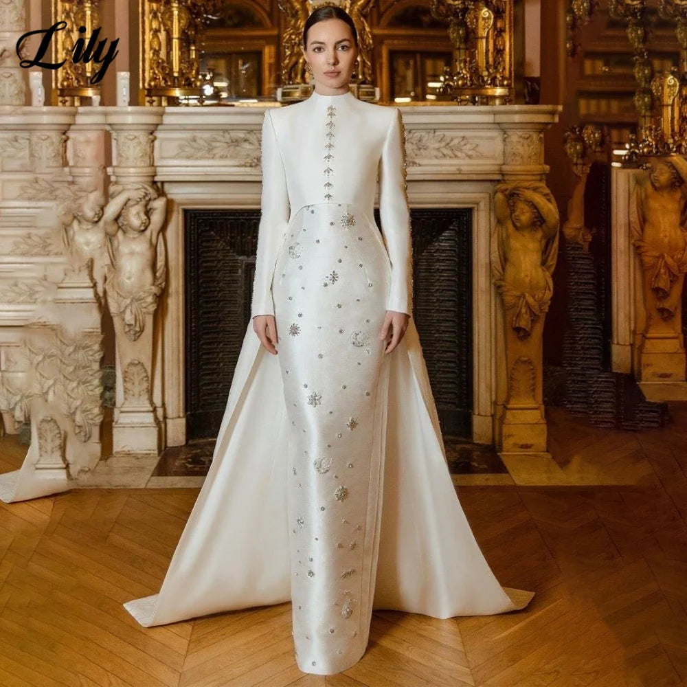 Lily White Evening Gown Full Sleeve A-Line Prom Dress Sequin Crystals Evening Dress Full Sleeves robes de soirée Customized Main image