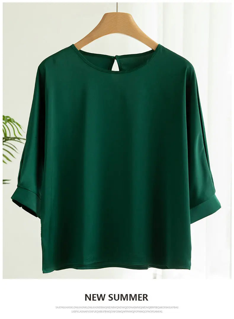 New In Summer Satin Silk Half-Sleeve Tee Tops Basic Solid Women‘s T-Shirt Casual O-neck Thin Shirts Ladies Loose Blouses