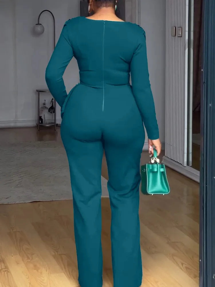 Swing Collar Ruched Jumpsuit Long Sleeve Solid Elegant Office Ladies Asymmetric Hem Autumn Casual Vintage Ruched Slim Rompers