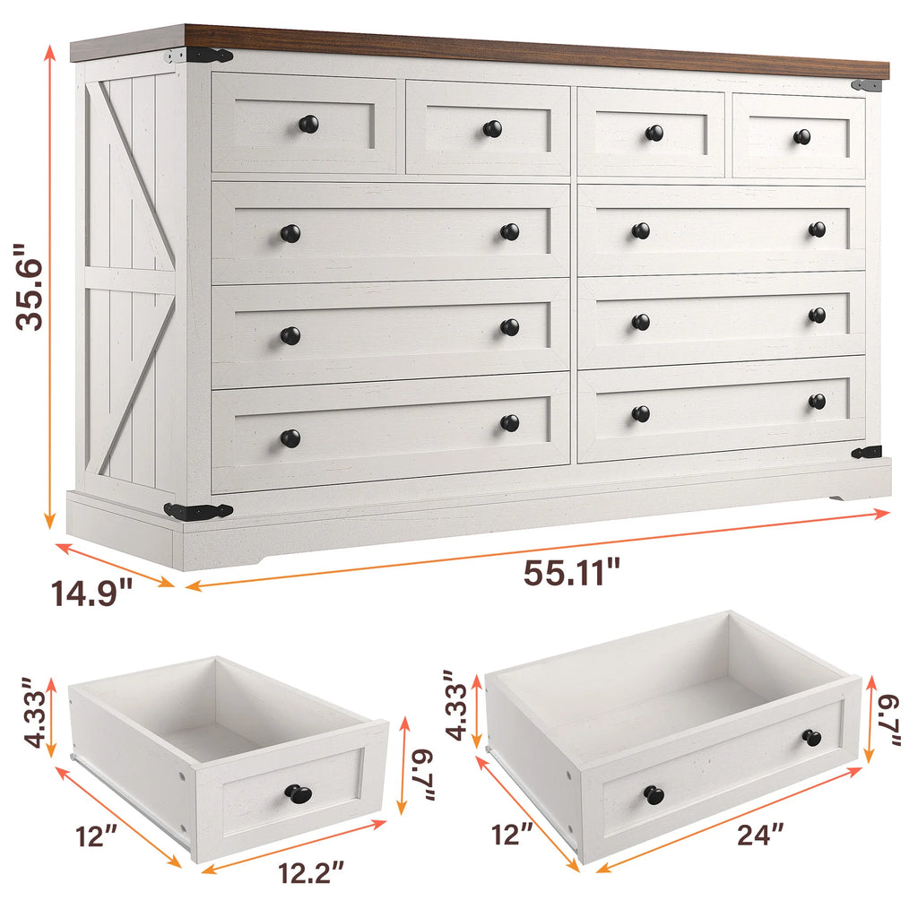 EnHomee 10 Drawer Large Antique Farmhouse wood Dresser and TV Stand with Smooth Metal Rail for Bedroom Storage