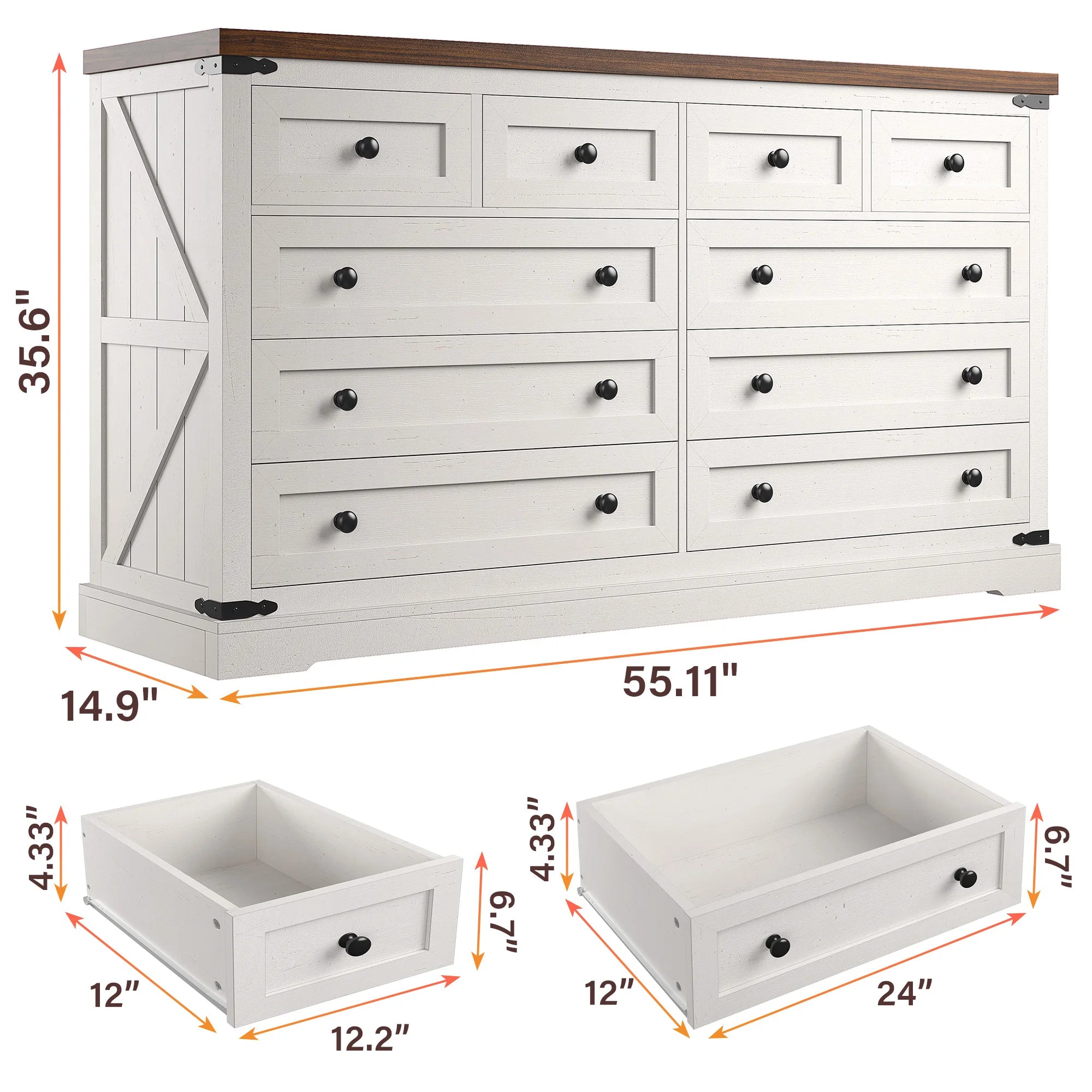 EnHomee 10 Drawer Large Antique Farmhouse wood Dresser and TV Stand with Smooth Metal Rail for Bedroom Storage