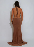 Sexy Halter Backless Mermaid Evening Dresses Woman Nightclub Prom Celebrity Metal Ring Bandage High Split Party Long Dress Robes